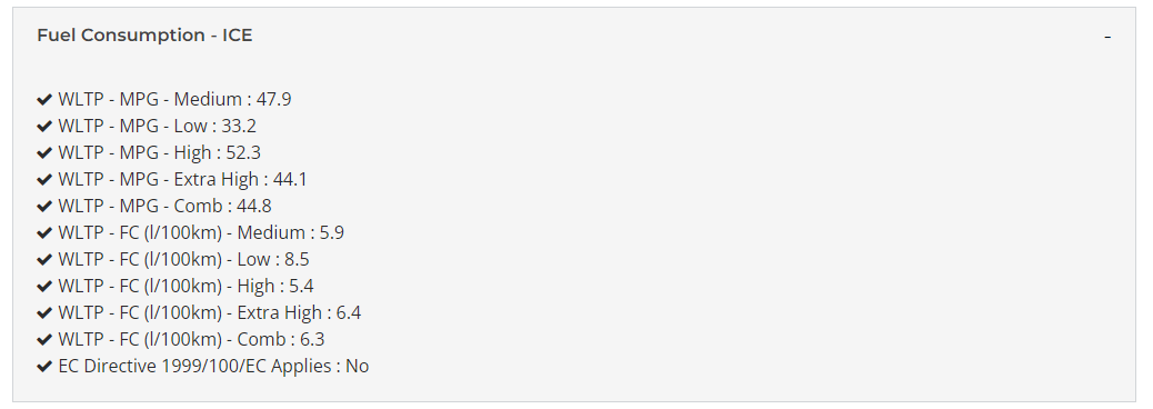 Technical Specifications detailing a car's WLTP ranges